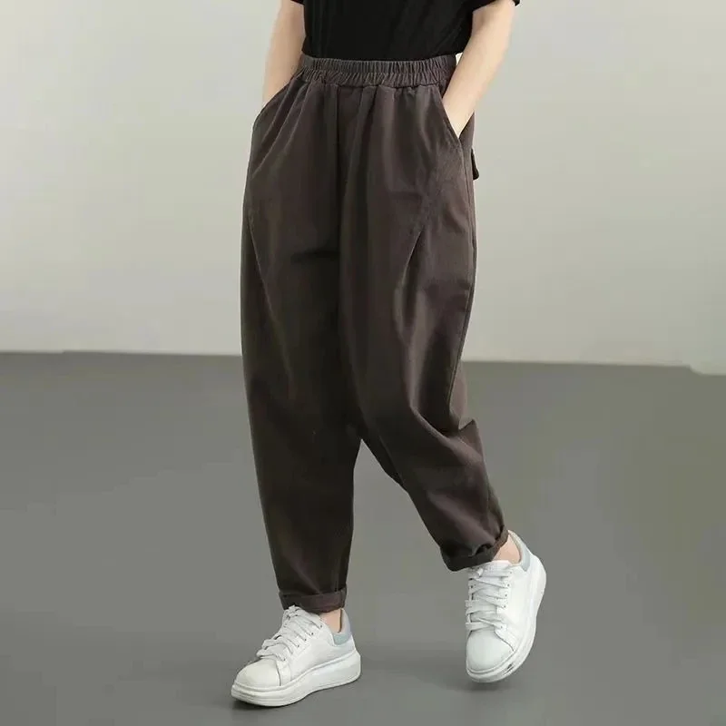 

Oversized 5xl Cotton Harem Pants Womens Casual High Waist Bloomers Pantalones Vintage Cargo Ankle-length Jogger Trousers A160