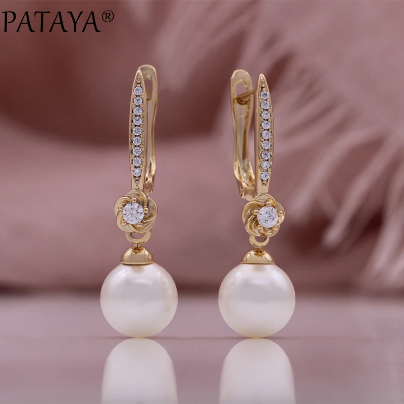 PATAYA New Geometric Pearl Long Drop Earrings for Women 585 Rose Gold Color Natural Zircon Modern Party Daily Fine Jewelry