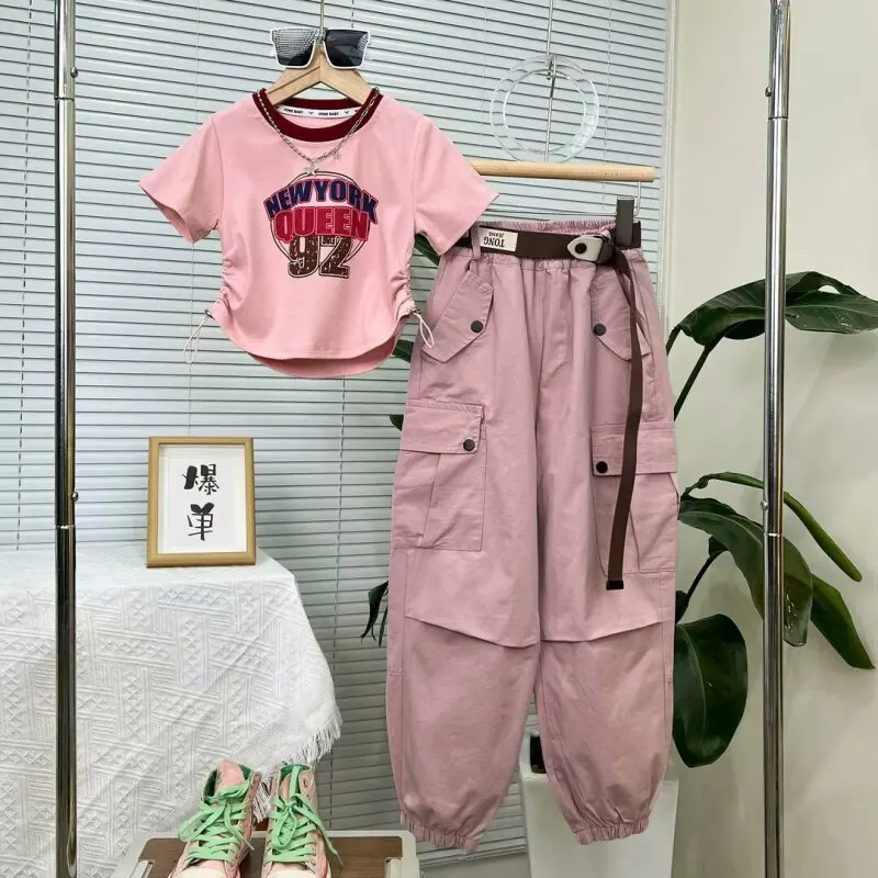 

Girls Clothing Sets for Summer Kids Short Sleeve Cotton T Shirt andCargo Pant 2 Pcs Suit 2024 nEW
