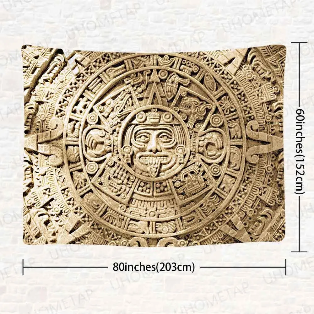 Ancient Mayan Aztec Calendar Tapestry, Mystical Mandala Symbol Wall Art, Bohemian Ethnic Decor for Living Room and Festival Use