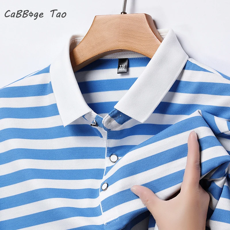 Summer New Men's Polo Collar Colored Striped T-shirt Casual Slim Fit Breathable Comfortable and Refreshing Short Sleeved Top