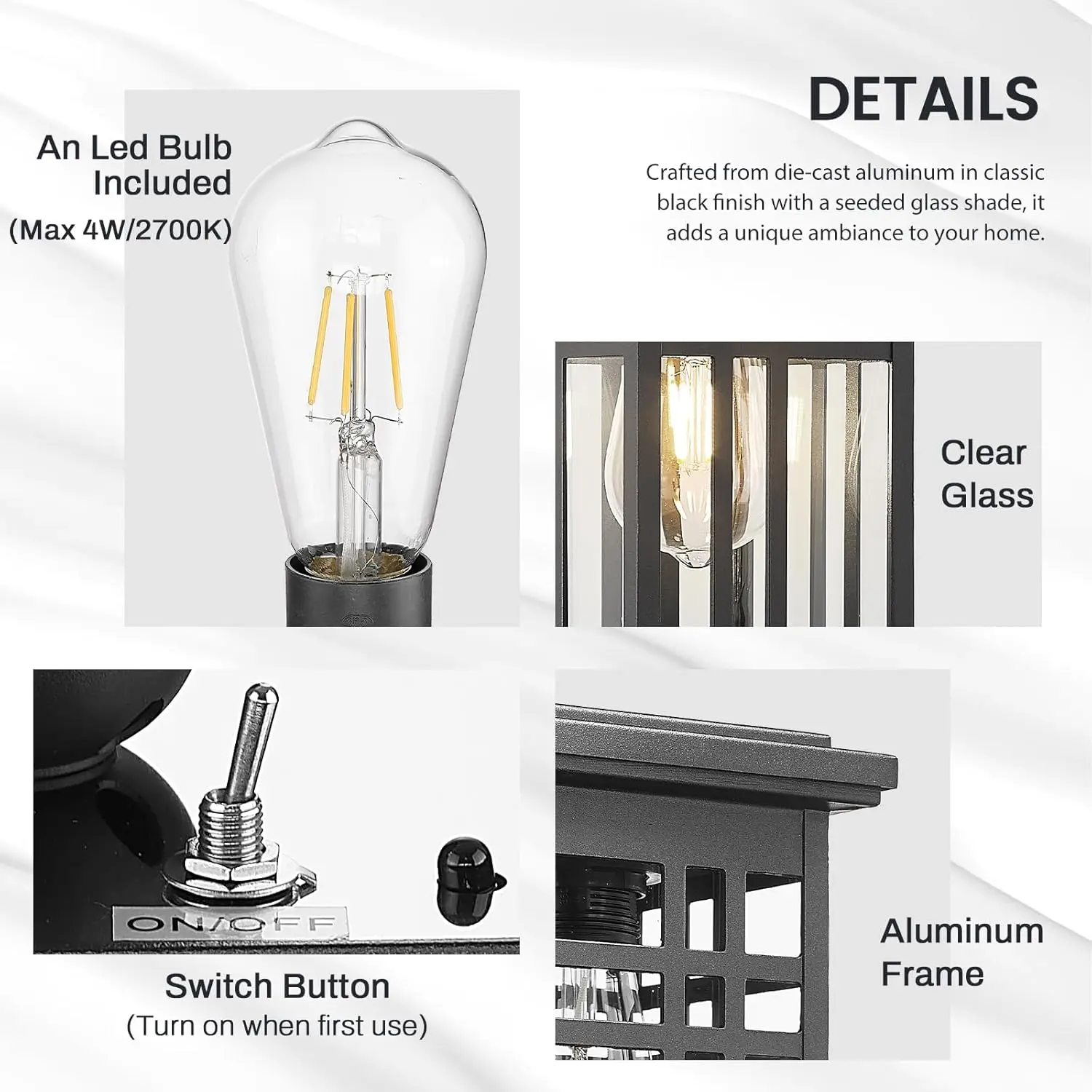 Poste de luz solar de 12 pulgadas, lámpara moderna para exteriores con control remoto, aluminio, acabado negro, vidrio transparente