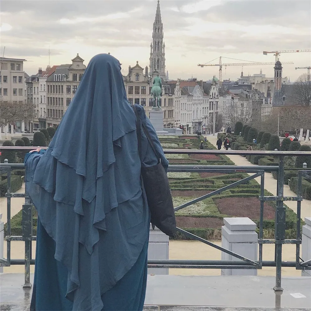Eid Prayer Garment 3 Layer Overhead Hijab Long Khimar Ramdan Muslim Long Headcarf Women Full Cover Veil Abaya Robe Headdress 4