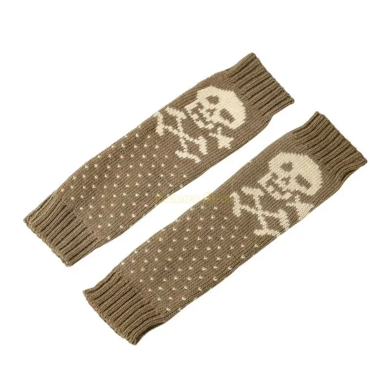 31BF Knit Skull Pattern Gloves Winter Half Finger Mitten Thicken ให้ถุงมือข้อมือยาวยาวสำหรับแฟนสาว