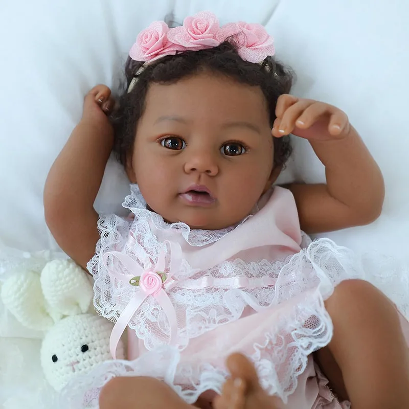 18inch Dark Skin Soft Cloth Body Abigail Lifelike Reborn Cuddly Reborn Doll Multiple Layers Painting 3D Skin Hand Rooted Hair