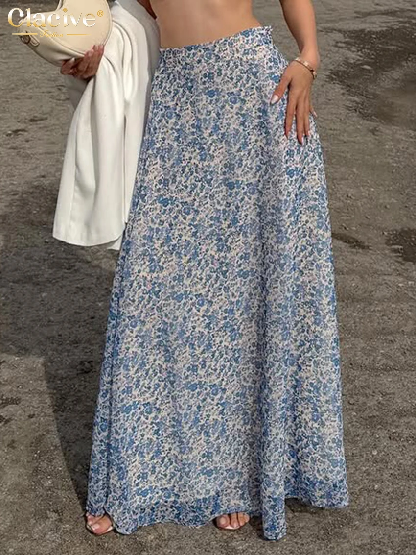 Clacive Spring Loose Print Women's Skirt 2027 Fashion High Waist Maxi Skirt Lady Elegant Classic Skirt Female Clothing 2027