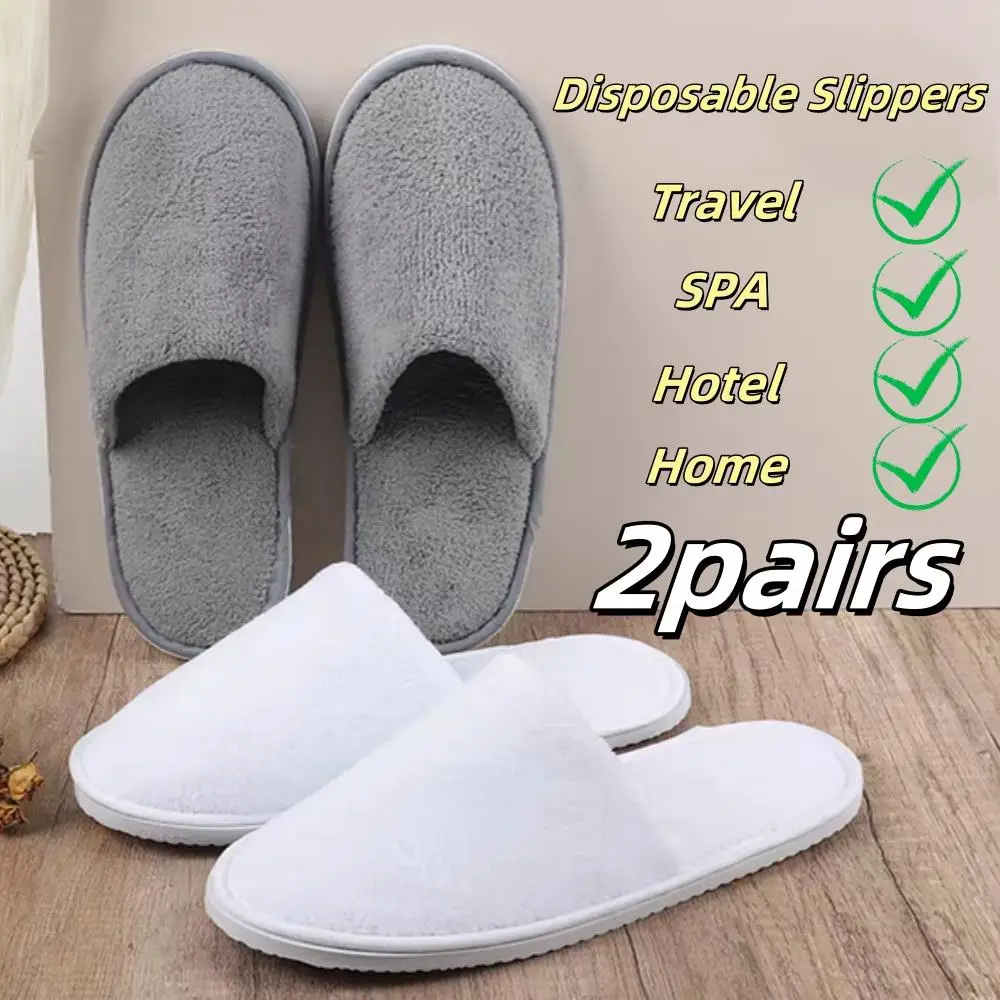 

2Pairs Soft Plush Slippers Women Men Travel Hotel Slides Homestays Households Shoes Non-slip Disposable Slippers Guest Slippers