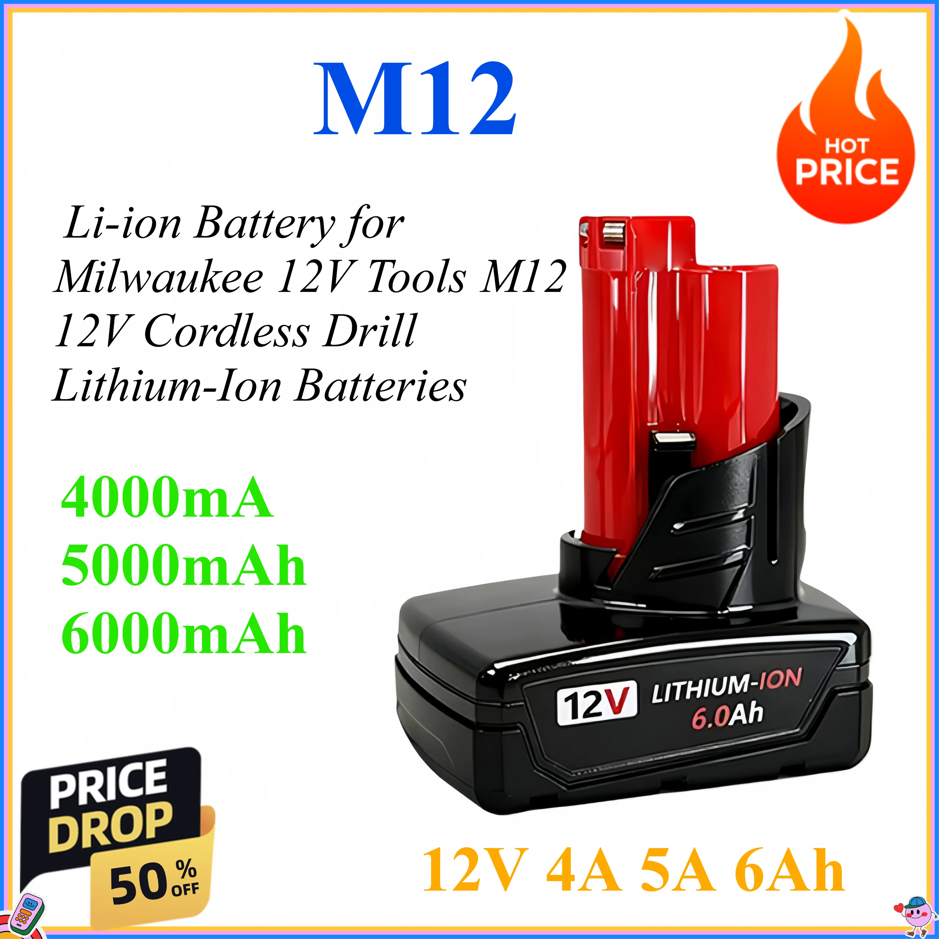 

12V 4A 5A 6Ah Li-ion Battery for Milwaukee 12V Tools M12 12V Cordless Drill Lithium-Ion Batteries