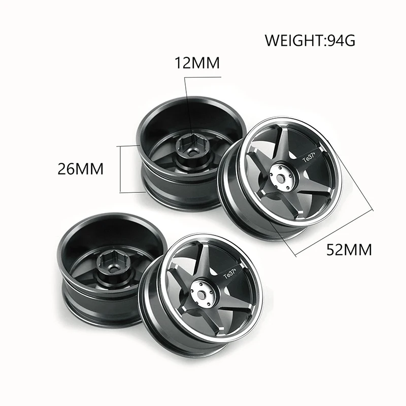 4Pcs 1/10 RC On-Road Drift Racing Car 52mm Metal Wheel Rim Wheel Hubs for Tamiya Kyosho HSP HPI Sakura Trxs 2