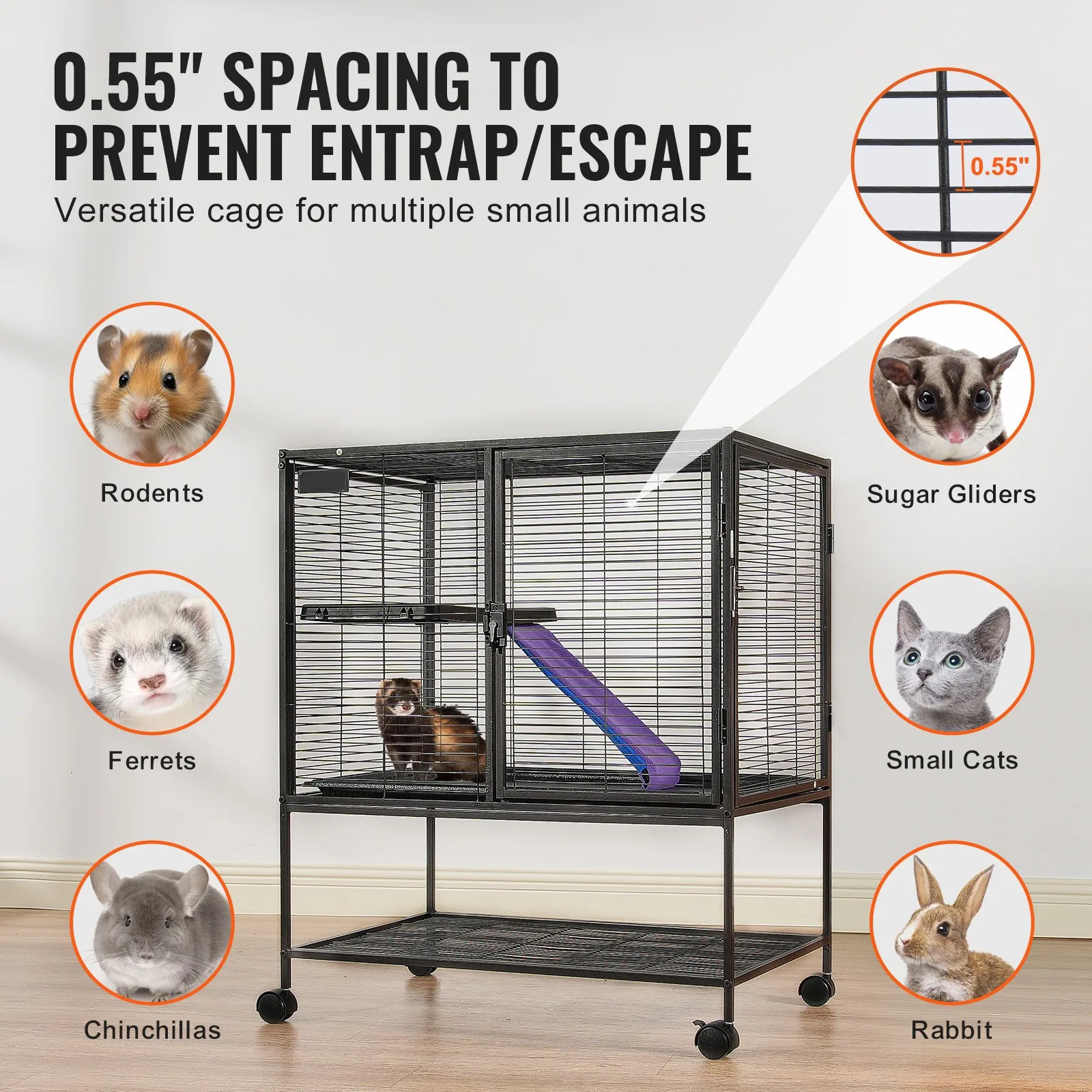 

36" Metal Small Animal Cage 2-Tier Rolling Ferret Cage with Tray A Ramp