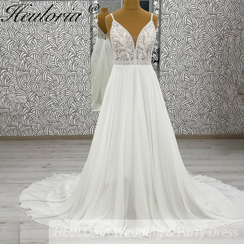 

HEULORIA elegant A line wedding dress Spaghetti Strap lace chiffon bridal dress Robe De Mariee Wedding Bride Dress