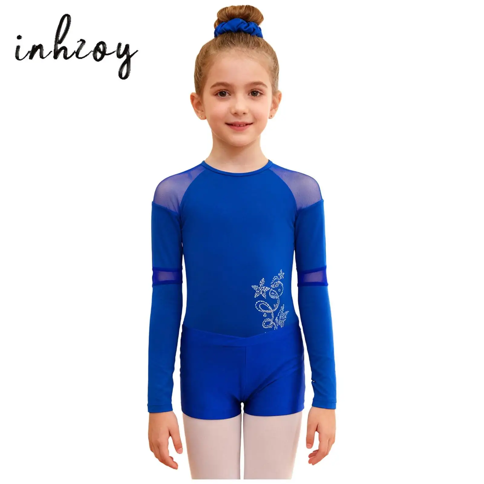 

Kids Girls Gymnastics Figure Skating Dance Outfit Long Sleeves Thin Fleece Lined Rhinestone Flower Leotard+Shorts+Hair Band Set