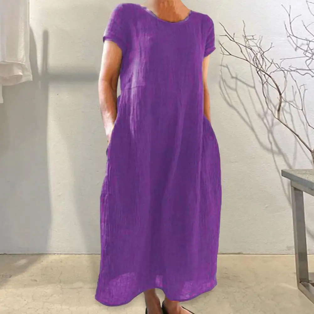 

Casual Loose Fit Dress Stylish Vintage A-line Maxi Dress with Side Pockets O Neck Short Sleeves Loose Hem for Casual Daily Wear