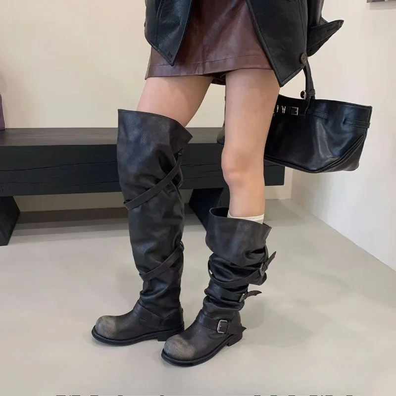 

New Retro Women's Shoes Luxury Soft Leather Slouchy Boots for Woman Exquisite Round Head Knight Boots Designer Shoes Botas Mujer