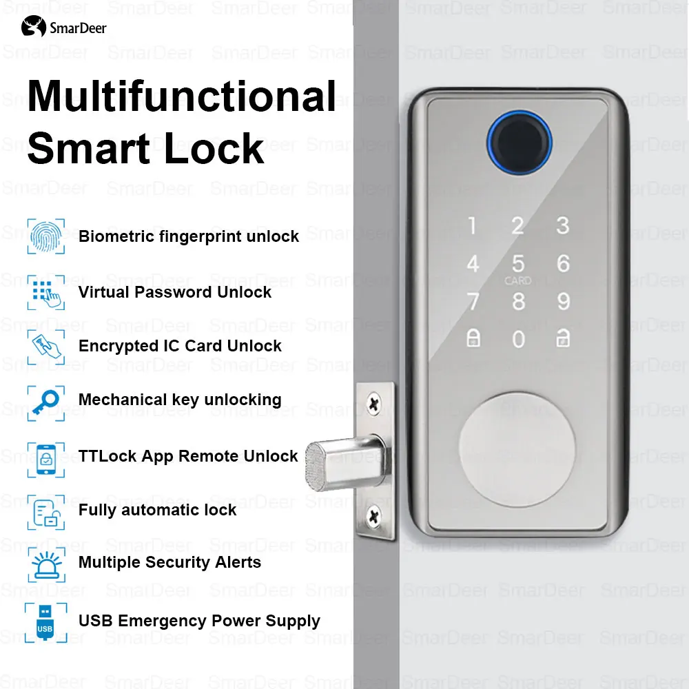 SmarDeer Electronic Door Lock with Alexa and Google Voice unlock Fingerprint Deadbolt lock with Keyless entry