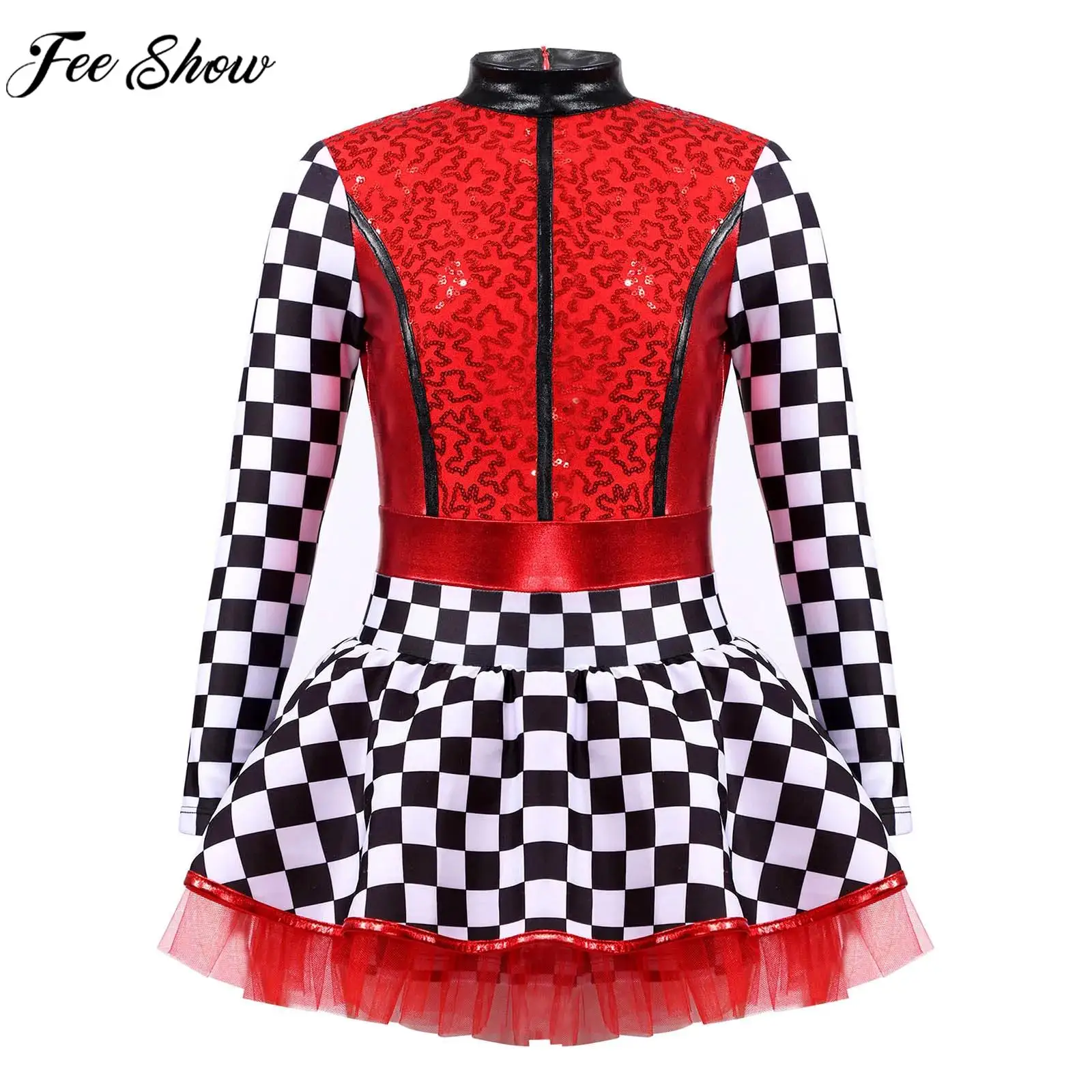 Girls Racing Car Clothes Halloween Carnival Racer Driver Cosplay Costume Long Sleeve Checkerboard Sequin Tutu Leotard Dress