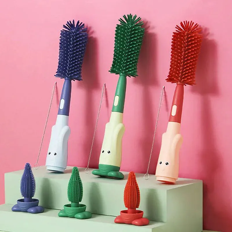 Baby Bottle Brush Set 3 in 1 Silicone Baby Bottle Cleaner Pacifier Brush with Stand Portable Straw Glass Cup Cleaner Brush view 4