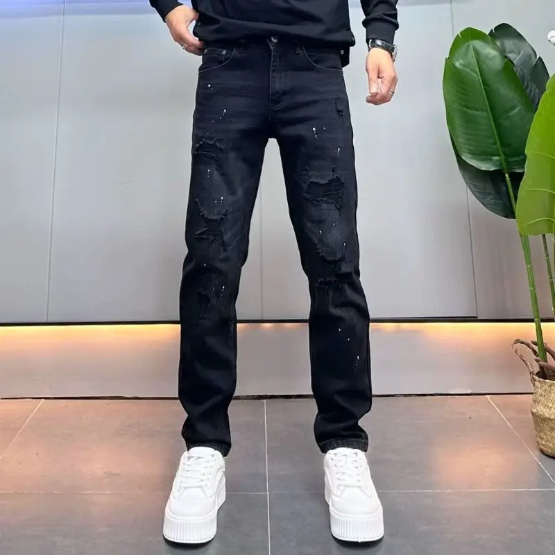 Fashion 2026 Design Ripped Jeans Men's New Ruffian Handsome Casual Splashing Ink Slim-fit Ripped Pants Cowboys Black Trousers