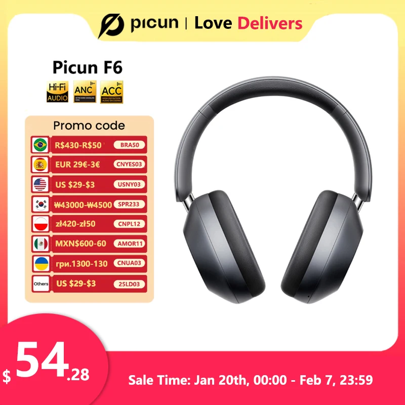 Picun F6 Active Noise Cancelling Wireless Headphones Head Tracking 3D Audio 40mm Hi-Res ANC Bluetooth Headset HIFI APP Control