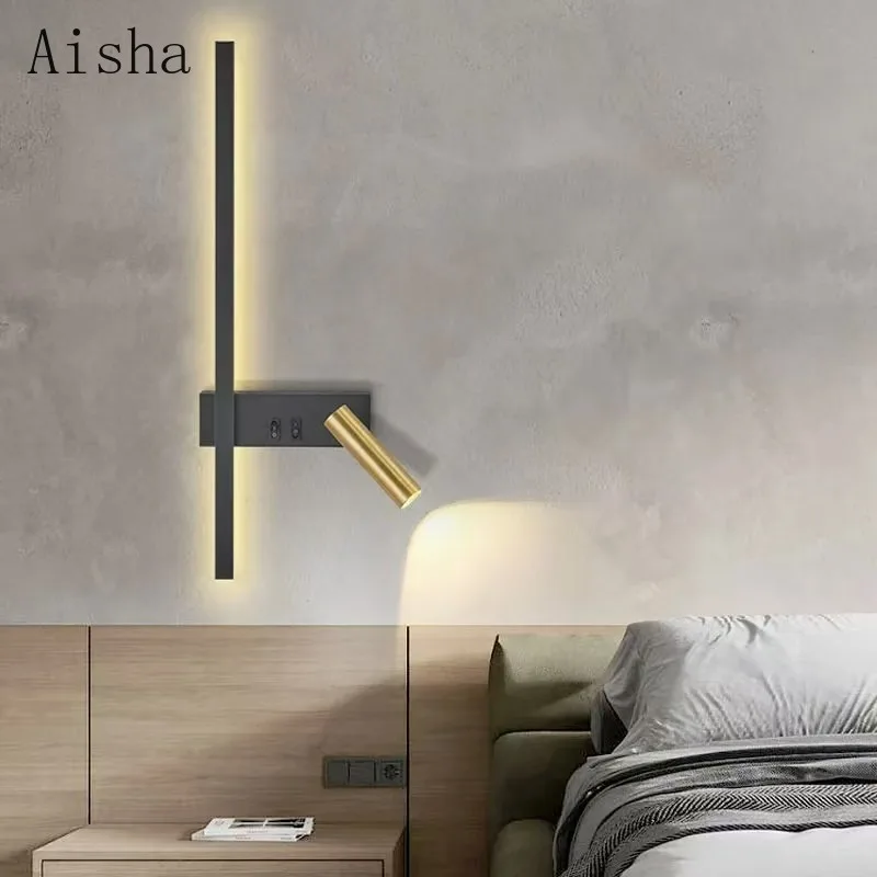 

Nordic Minimalist Living Room Background Wall Light Luxury Long Bedroom Bedside Lamp Eye Protection LED Reading Wall Sconces
