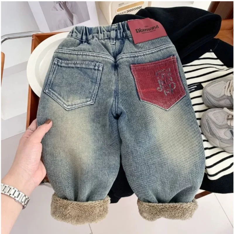 

Thiened Lamb Velvet Children's Jeans Warm Pants Baby Boys Winter Trousers Elastic Waist Long Pants