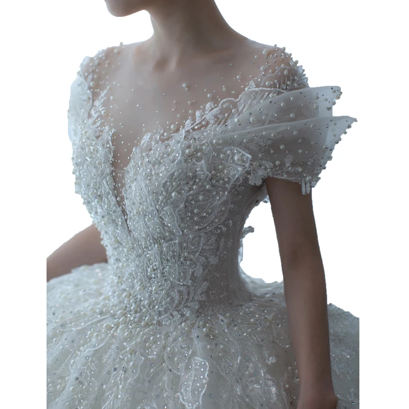 2023 New Luxury Wedding Dress Off The Shoulder V-neck Sexy Lace Applique Princess Wedding Gown With Pearls Vestido De Noiva