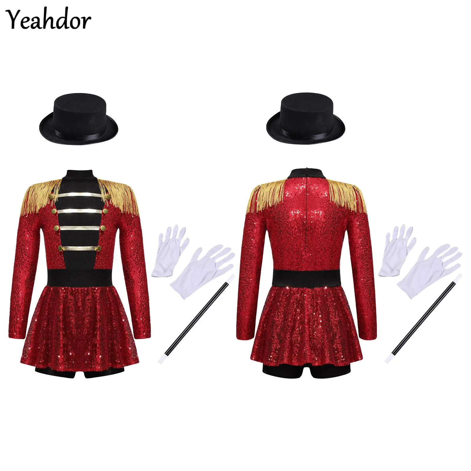 

Girls Ringmaster Circus Costume Long Sleeve Tassel Sequin Leotard Bodysuit And Hat Magic Wand Gloves Halloween Magician Dress Up