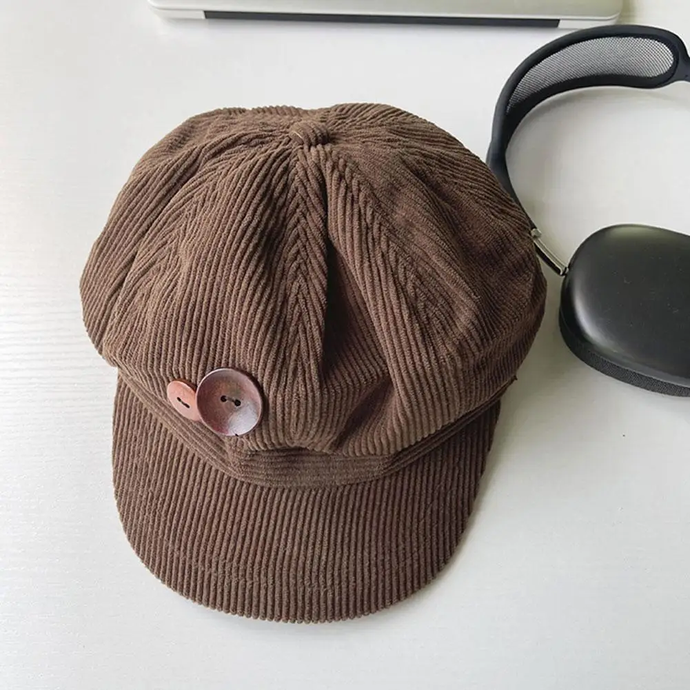 Retro Knopf Cord Achteckige Kappe Für Frauen Maler Künstler Hut Japanische Mädchen Braun Schirmmützen Herbst Winter Berets – Detail 12