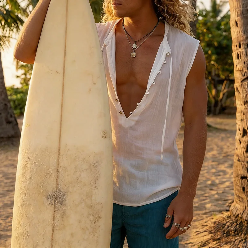 2026 New Men V Neck Seaside Solid Color Button Sleeveless Vest T Shirt Breathable Micro Perspective Top