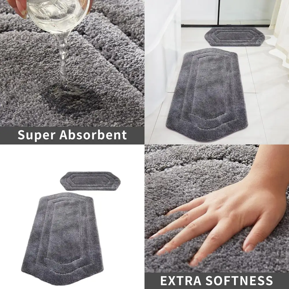 

Thick Anti-Slip Bath Mats - Soft Plush Polyester Set, 100% Absorbent for Bathroom, Grey, 20x32 & 24x48