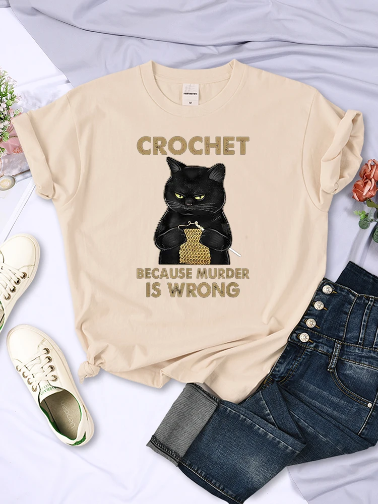 Crochet Because Murder Is Wrong Print T Shirts Female Harajuku Oversize Clothed Casual Loose T-Shirts Retro Soft  T-Shirts