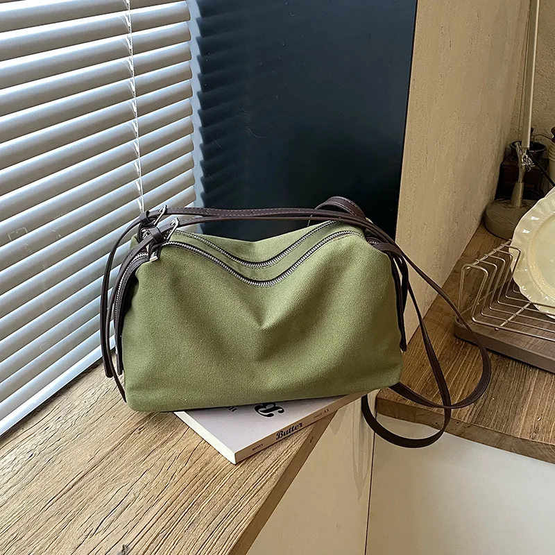Retro Green Canvas Hobo Bag for Women Large Capacity Casual Shoulder Crossbody Bag Autumn Zipper Vintage Daily Commute Handbag