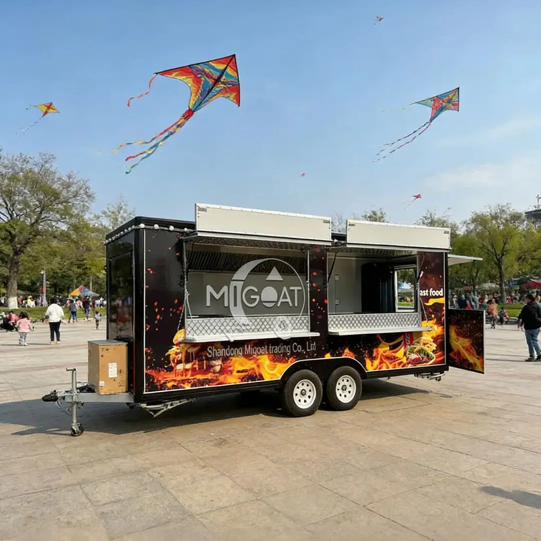 Migoat Double Axle Mobile Food Truck Stainless Steel Commercial Kitchen Cart with Refrigerator for Fast Food Business