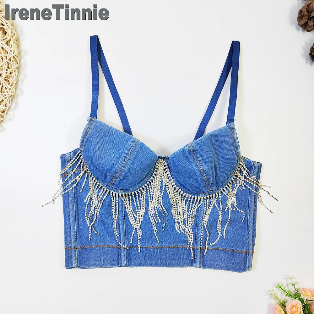 IRENE TINNIE Women Spaghetti Strap Bustier Glitter Short Tassel Rhinestone Denim Camisole Y2k Nightclub Corset Top Ropa De Mujer