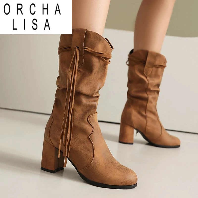 

ORCHA LISA/винтажные женские ботильоны с круглым носком на блочном каблуке 6,5 см, без шнуровки 47 48, повседневная женская обувь с бахромой