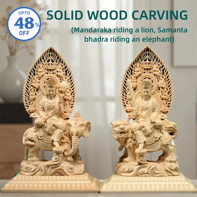 

Wooden Carving Samantabhadra Manjushri Buddhist Figure Statue Solid Wood Carving Feng Shui Ornament Home Living Room Decoration