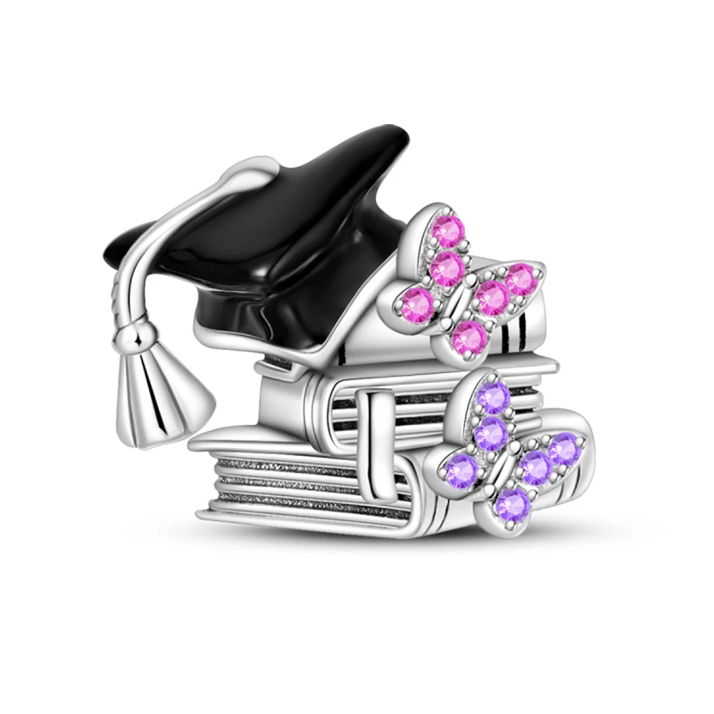 S925 Silver Color Graduation Certificate Bachelor's Hat Graduation Series Charms Beads Fit Pan Original Bracelets DIY Jewelry image 3