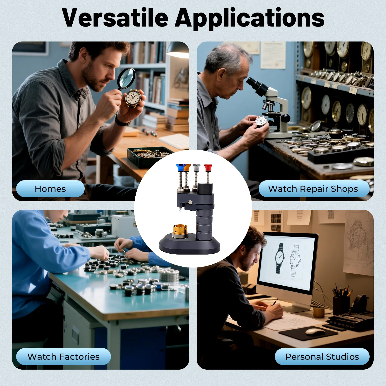 Игольчатый погрузчик, 4-контактный ручной прижимной инструмент для часов со стальными и акриловыми насадками для профессионального ремонта часов