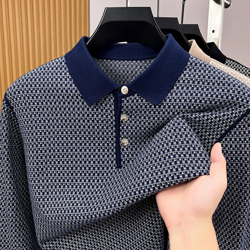 100% pure cotton high-end men's sweater fashion checkered printing design comfort lapel luxurious new casual knitted pullover