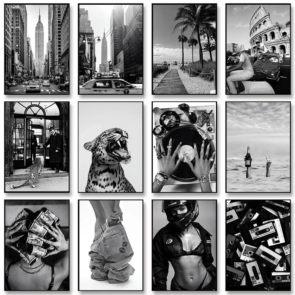 Frameless Canvas PaintingBlack And White Wall Art Street View Coastal Wild Leopard Y2K Canvas Painting Wall Art Poster Picture H