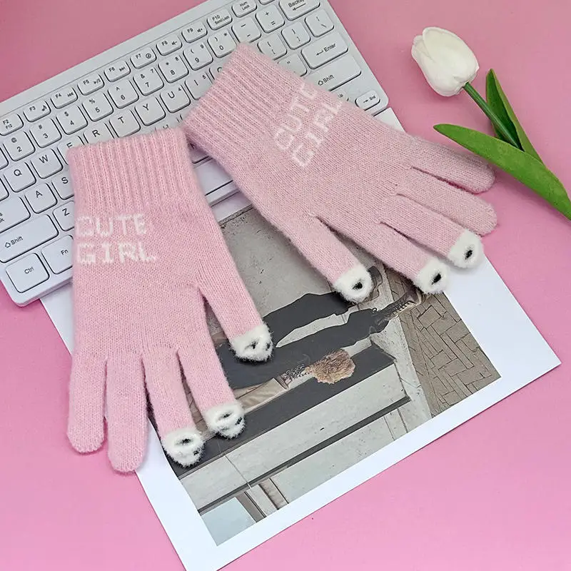 فتح اصبع قفازات شتاء دافئ لينة قفازات نسائية الفتيات لطيف الباندا الإصبع قفازات شاشة لمس دافئة في الهواء الطلق قفازات محبوكة