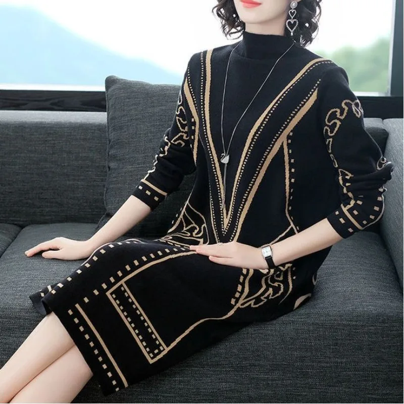 Women\'s Autumn and Winter Pullover New Half High Collar Patchwork Printing Knitted Sweater Fashion Loose Long Sleeved Dress