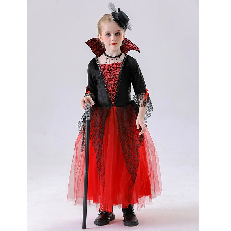 Teufel-Kostüm für Mädchen, langes Spitzenkleid, Federflügel, Horn-Stirnband, Dreizack-Zauberstab für Halloween-Cosplay-Bühnenauftritte – Detail 5