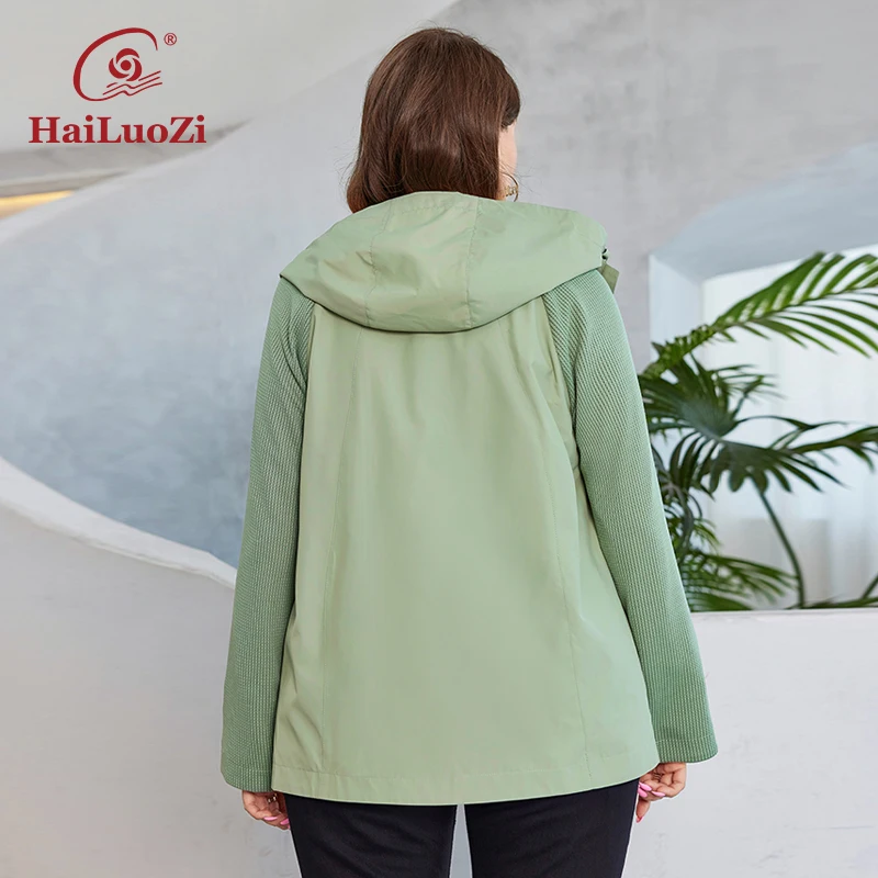 HaiLuoZi 2023 New Autumn Women Trench Coat Plus Size Solid Color Short Spliced Hooded Jacket Slant Pocket Female Outwear 729