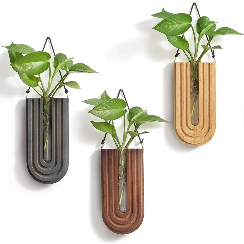 Simple Wooden Flower Vase Wall Mounted Hanging Flower Pots Hydroponic Plant Container Rack Living Room Home Garden Decor Crafts