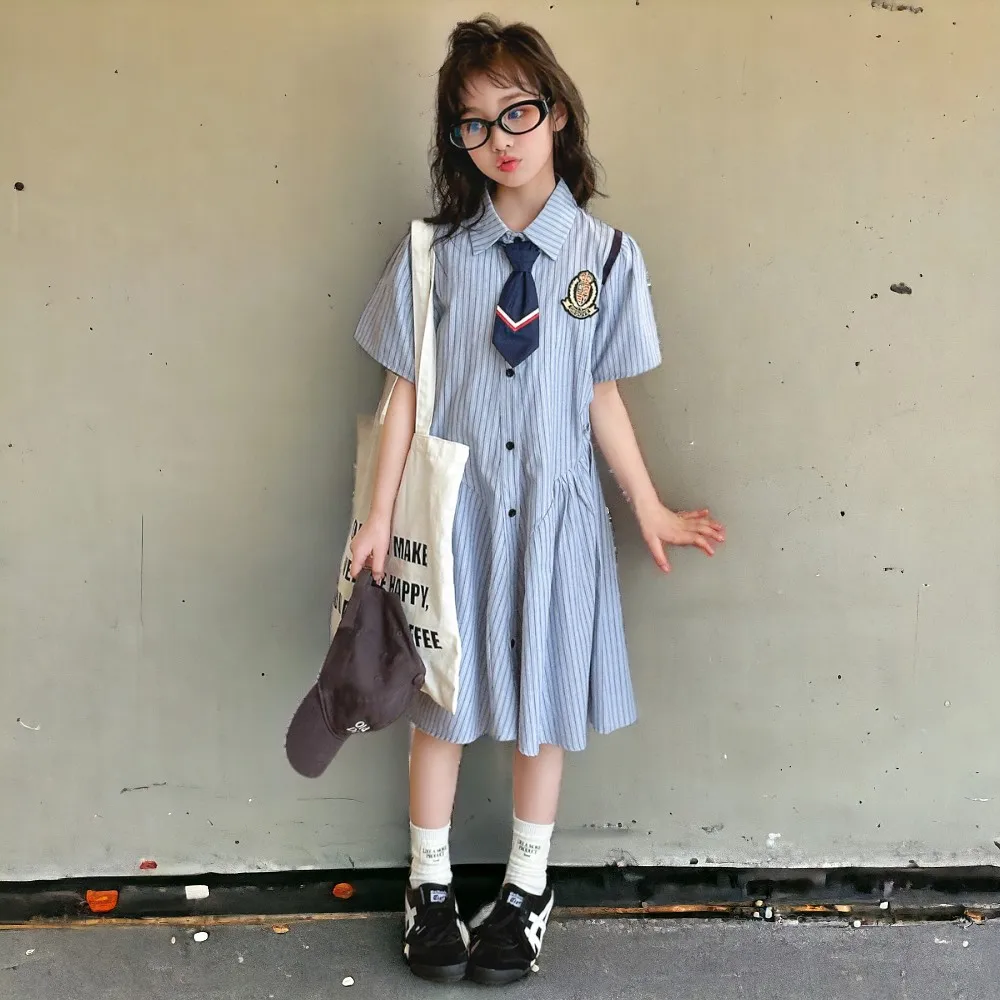 

Baby Children Dresses for Girls Clothes Teenagers School Uniform Summer Short Sleeve Outfits Kids Preppy Dresses Cotton Costumes