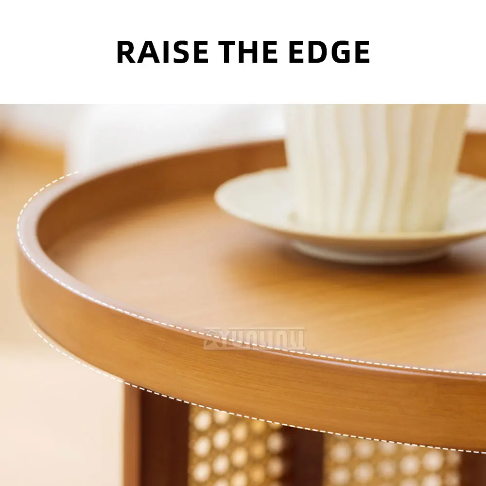 Handwoven Boho Rattan Round Coffee Table Side Table with Open Storage Shelf for Living Room Balcony Bedroom Bedside Home Decor