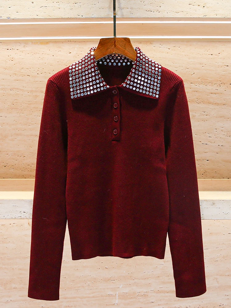 

Red Knitted Sweater with Button Detail And Rhinestone for Women Casual Sle Long Sve round Ne Pullover Knitwear