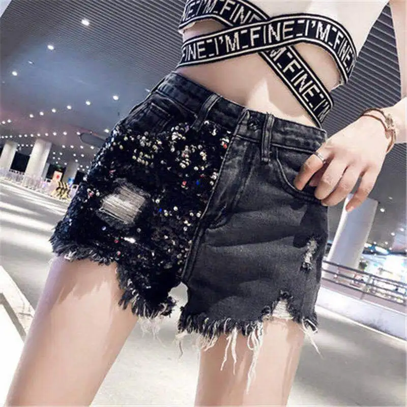 

Women Beaded Denim Shorts High Waist Fashion Cowboy Shorts Street Punk Style Skinny Female Rhinestone Tassel Jeans Shorts Q952