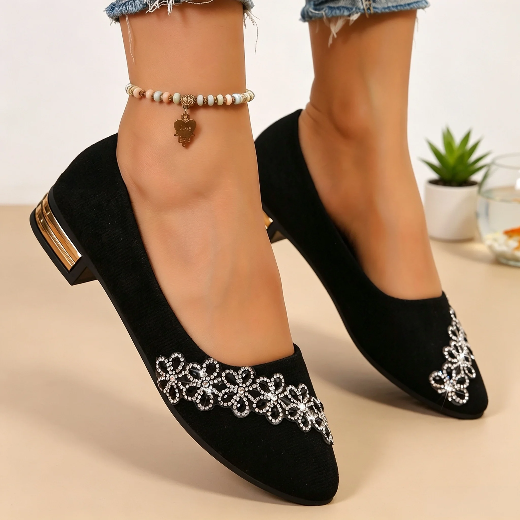 Trendy French Pointed‑Toe Women Slip‑On Shoes, Rhinestone Flower Plus‑Size Low‑Heel Shallow‑Mouth Soft‑Sole Footwear image 3